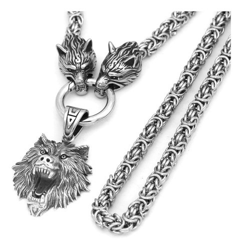 Collar Vikingo Lobo Oso Color Plata Acero Inoxidable Hombre