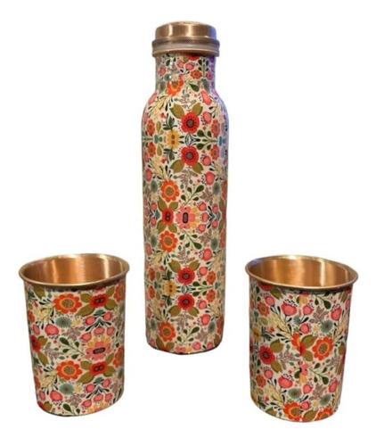 Set Botella + 2 Vasos Jazmín Hecha En Cobre India 900 Ml