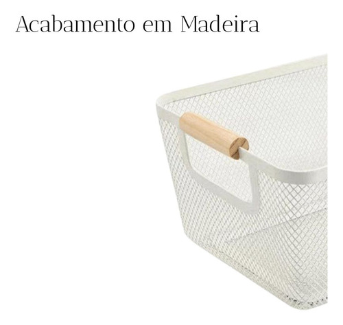 Kit 2 Cestos Organizadores Brancos Com Alça De Madeira