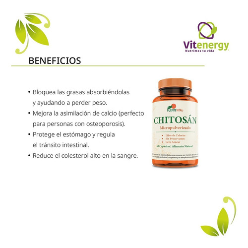 Imagen 2 de 6 de Chitosan 100% - 180 Cápsulas - Quemador Natural - Oferta X3
