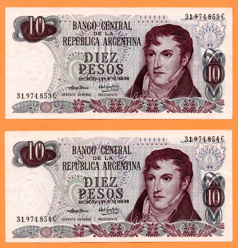 2 Billetes Correlativos 10 Pesos Ley, Bottero 2351, Año 1974