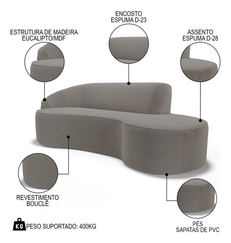 Sofá Living 280cm Braço Esquerdo Mozart Bouclê Bege Escuro Cor Creme