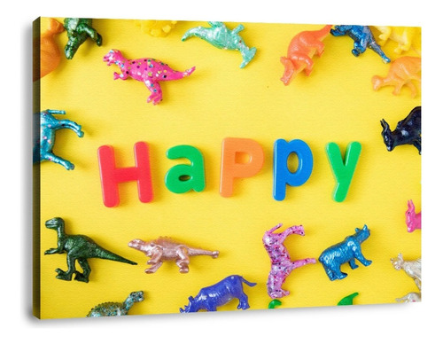 Cuadro Canvas Para Niños Niñas Happy Kids Y Dinosaurios 1 Pz Color Amarillo Armazón N/a