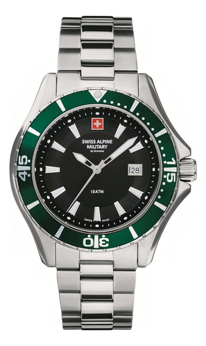 Reloj Pulsera Swiss Alpine Military Nautilus 7040.1134sam De Cuerpo Color Plateado, Analógico, Para Hombre, Fondo Negro, Con Correa De Acero Inoxidable Color Plateado, Bisel Color Verde Y Desplegable