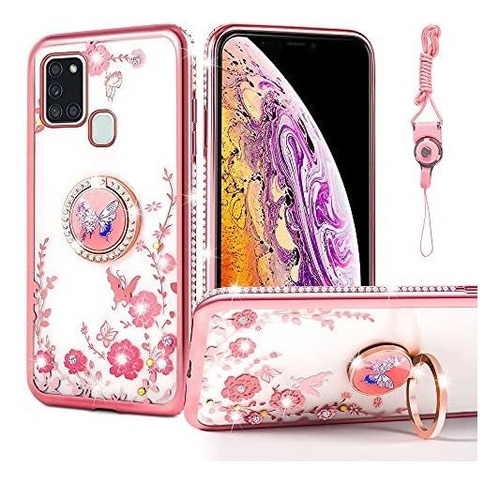 Funda Para Galaxy A21s Brillos Clear/rosa  Flores Mariposa 