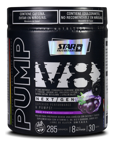 Pump V8 Pre Workout Star Nutrition 285 Gr Cafeína Taurina Sabor Açai power