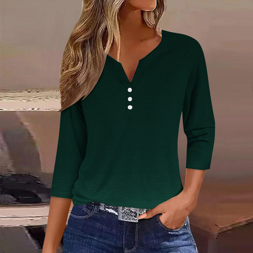 Camiseta O Para Mujer, Manga 3/4, Blusa Con Botones Y Cuello