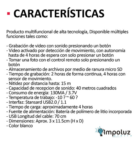 Mini Camara Espia Detector Humo Sensor Movimiento / Impoluz