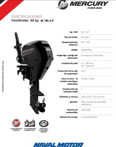 Imagen 3 de 4 de Motor Mercury 20 M 4s (4 Tiempos)