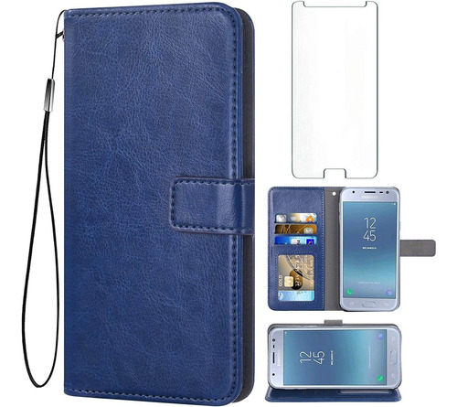 Funda Para Samsung Galaxy J3 - Azul + Tarjetero + Vidrio