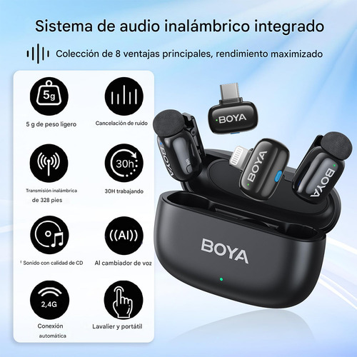 Microfone sem fio Boya Mini USB-c para iPhone com inteligência artificial