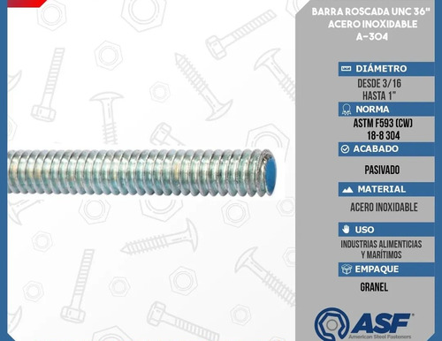 Barra Roscada Acero Inoxidable 1/4 