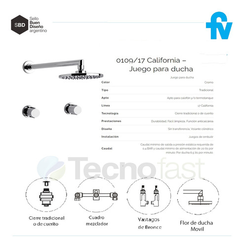 Griferia De Ducha Simple Fv California Cromo 0109/17-cr Baño