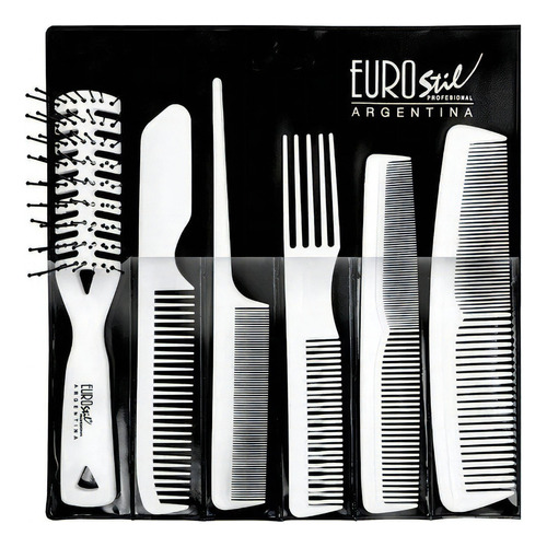 Set 5 Peines + Cepillo Para Peinar Peluqueria Eurostil 50952 Color Blanco