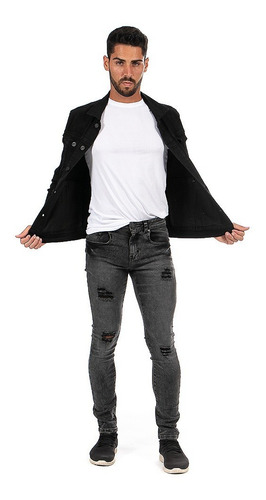 Imagen 7 de 9 de Jeans Mezclilla Stretch Snow Negro Demolición Skinny Hombre