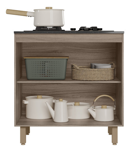 Balcão Armário Cooktop 4 Bocas Com 2 Portas E Prateleira Multiuso Para Cozinha Compacta Cor Carvalho Chumbo
