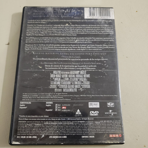 Película La Lista De Schindler Dvd Original 2 Discos. (Usado)