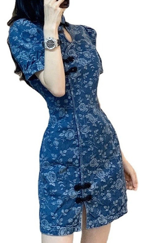 Vestido Vintage Qipao Azul Cheongsam Para Mujer