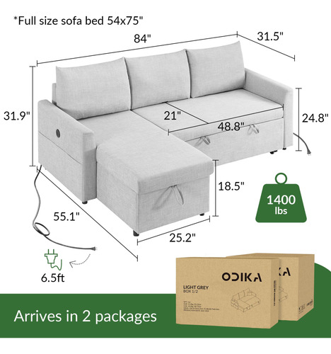 Odika Sofá Cama Convertible En Forma De L Sofá Modular De 84