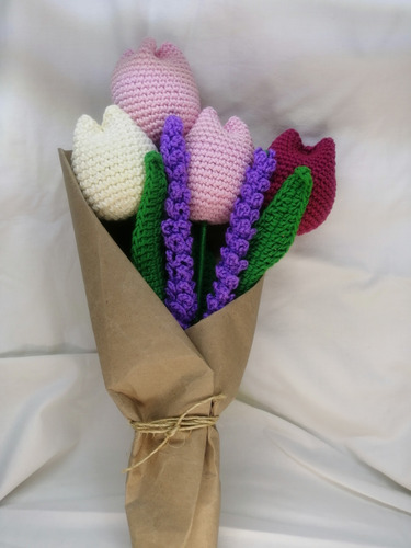 Ramo De Flores, Tulipanes Y Lavandas Tejidas A Crochet
