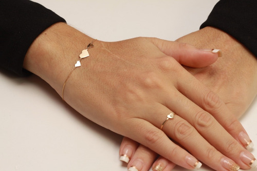 Pulseira Três Corações 1 De 8mm E 2 De 5mm Em Ouro 18k