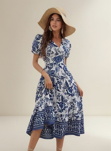 Vestido Largo De Mujer Con Estampado Floral En Cuello En V