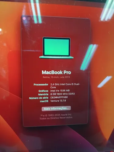Macbook Pro 13,3 Ano 2013 8gb 256ssd | MercadoLivre