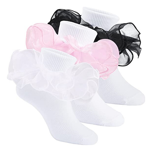 Calcetines De Encaje Con Volantes Para Niñas, 3 Pares, Calce