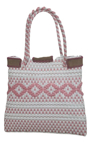 Bolsa Artesanal Para Dama Hecha A Mano Tote Bag Acabado De Los Herrajes Níquel Color Blanco Correa De Hombro Rosa Claro Con Blanco