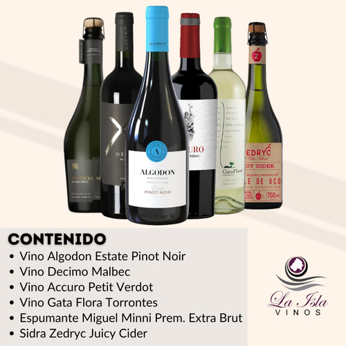 Vino Boutique Mix + Espumante Sidra. Caja Full 6 Botellas --