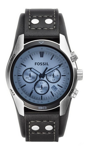 Reloj de pulsera Fossil Coachman de cuerpo color plateado, analógico, para hombre, fondo celeste, con correa de cuero color negro, agujas color celeste y negro, dial negro, subesferas color celeste y negro, minutero/segundero negro, bisel color negro y hebilla simple