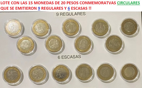 Lote Con Las 15 Monedas 20 Pesos Conmemorativas Circulares !