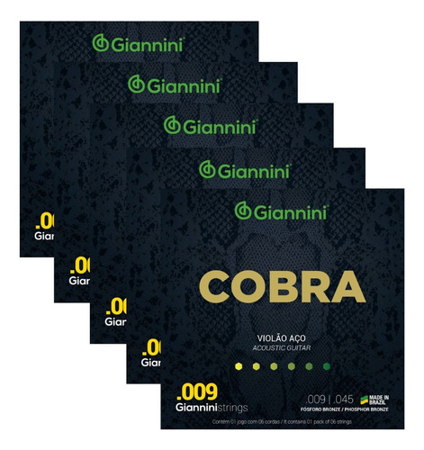 Jogo De Corda Violão Aço Giannini Geewakf Cobra 0.009 5 Pack