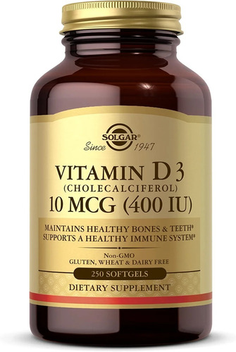 Vitamina D3 10mcg 400iu 250 Capsulas Blandas Solgar