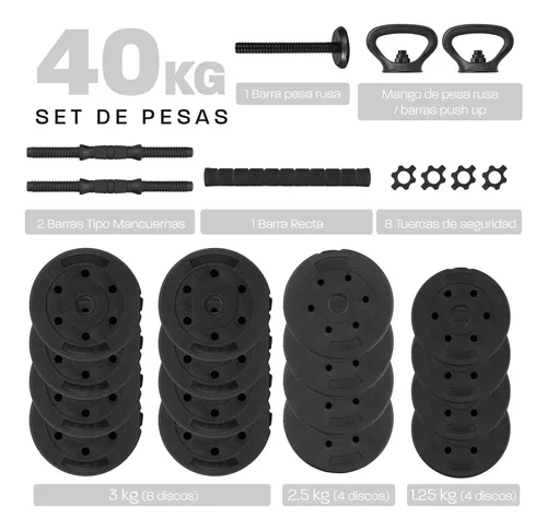 Set Mancuernas Altera Discos Ajustables + Pesa Rusa 15 Kg Color Negro