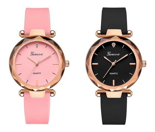 Relógio De Pulso Feminino Redondo Geneva Preto Rosa Pink