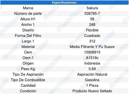 Filtro Aire Chevrolet Tahoe V8 4.8l 07-09 Sakura 8640758