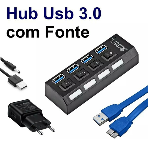  Hub Usb 3.0 4 Portas Alimentado + Fonte De Energia Pc Mac