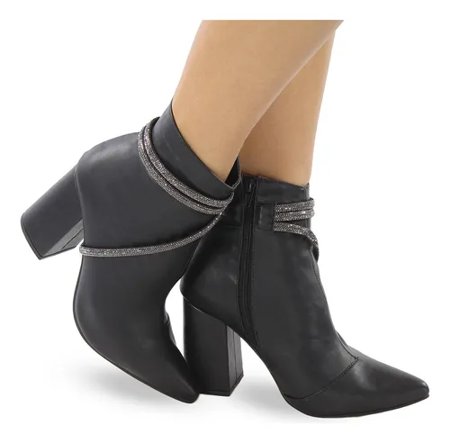 Bota Salto M dio Grosso Brilho Bico Fino Cano Curto C15