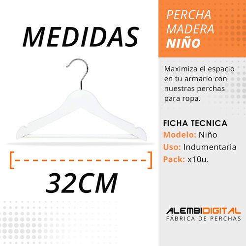 Imagen 4 de 8 de Perchas De Madera Niño Blancas X 10 Unidades