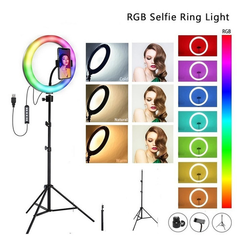 Imagen 1 de 6 de Aro De Luz Led 26cm + Soporte Para Celular + Trípode 2.10 M