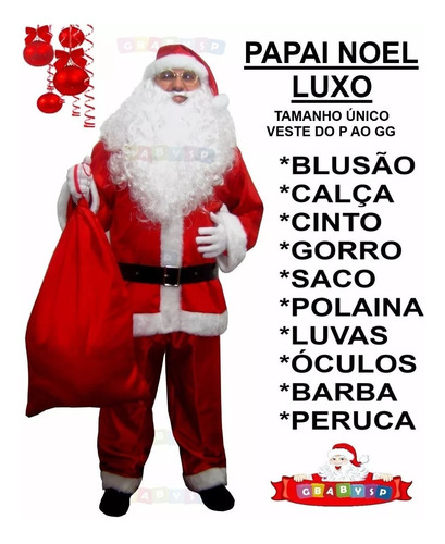 Fantasia Papai Noel Luxo + Barba + Peruca + Óculos + Luvas  