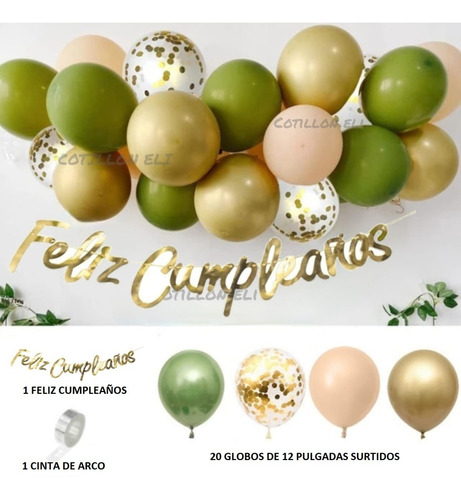 Set Mini Arco De Globos Verde Oliva Champagne Dorado Confeti