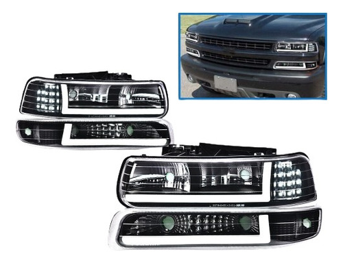 Faros Delanteros Led Drl Negro Chevy Silverado 99-02