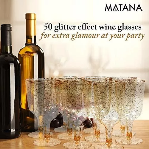 MATANA 50 copas de vino de plástico con purpurina dorada para bodas,  cumpleaños, despedidas de soltera y fiestas, 6 onzas, resistentes y  reutilizables