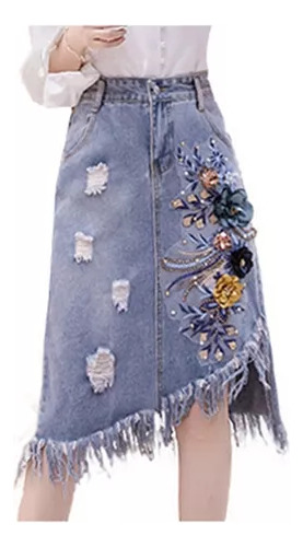 Faldas Midi De Jean Con Apliques Florales Para Mujer