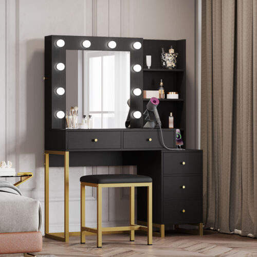Vanity Desk With Mirror&led Lights Makeup Table With Cha Eem