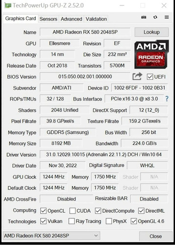 Tarjeta Video Grafica Amd Rx 580 8gb Gddr5 Gpu Gaming Juegos