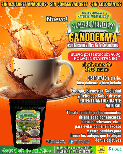 Café Verde Ganoderma + Café Colombiano Colágeno 400g Soluble