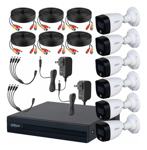 Dahua Kit De Video Vigilancia 6 Cámaras 2 MP Full Color con Accesorios Incluidos / Kit Circuito Cerrado con Detección de Movimiento y Cámaras de Seguridad de Alta Resolución